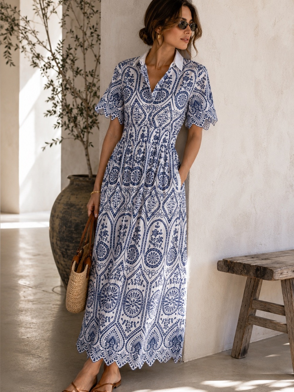Elie Tahari Eyelet Lace Maxi Dress Navy White XS NWT
